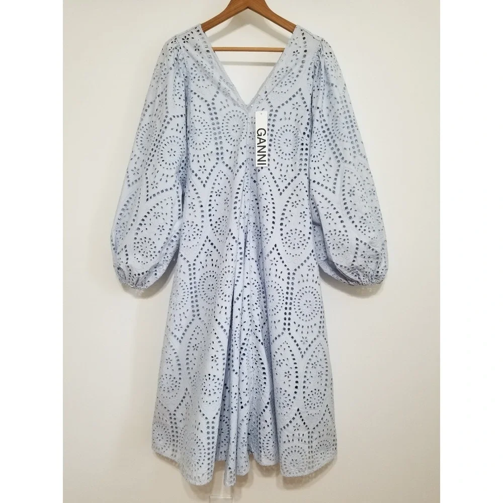 NWT GANNI Broderie Anglaise Eyelet Lace Midi Dress Light Blue EU 32/ US 0 $475 - Picture 7 of 16